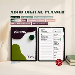 May include: Digital planner for ADHD, dated for 2026, with a green and pink theme. Includes 20 templates, fully linked, and over 600 pages. Compatible with tablet apps and available for instant download. Features a daily plan layout.
