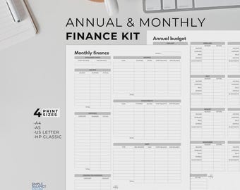 Printable Annual & Monthly Budget Tracker Bundle, Yearly Expense Summary, Planner Inserts for Financial Goals, 4 Sizes