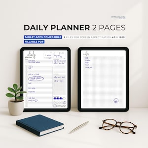 May include: Two digital tablets showing a daily planner with fillable PDF options. The text "DAILY PLANNER 2 PAGES" is at the top. A blue notebook, pen, glasses, and a small potted plant are on the white surface.