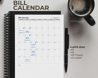 Bill Calendar Printable, Monthly Bill Payment Tracker, Planner Insert for Expense , 4 Sizes