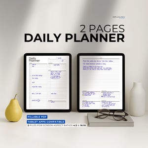 May include: Two digital daily planners displayed on tablets, with the text "2 PAGES DAILY PLANNER". One tablet shows a blank planner, the other has handwritten notes. A pear, glasses, and a vase are also present.