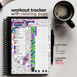 May include: A spiral-bound workout tracker with a coloring page design. The page includes sections for tracking activities like yoga, Pilates, and stretching. The text "workout tracker with coloring page" is at the top. A black coffee mug and pen are also in the image.