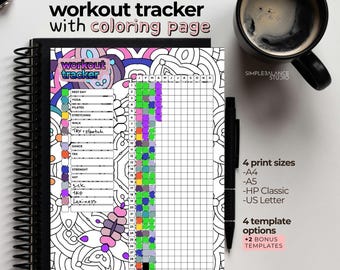 Printable Workout Tracker | 4 Fitness Templates with Coloring Pages and Blank Versions, Pre-Filled & Blank Index (PDF: A4, A5, HP, US)
