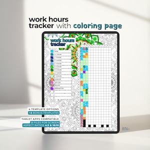 Puede incluir: Un rastreador digital de horas de trabajo con una página para colorear que se muestra en una tableta. El rastreador presenta una cuadrícula para rastrear las horas, con secciones codificadas por colores para diferentes duraciones de trabajo. El texto en la pantalla dice "work hours tracker".