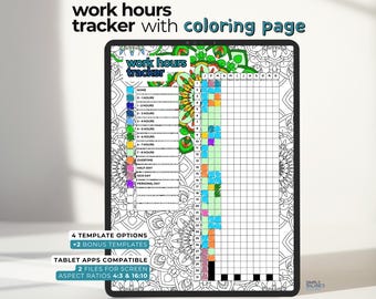 Digital Work Hours Tracker | Templates with Coloring Pages and Blank Versions, Pre-Filled & Blank Index for iPad, Android Tablet PDF