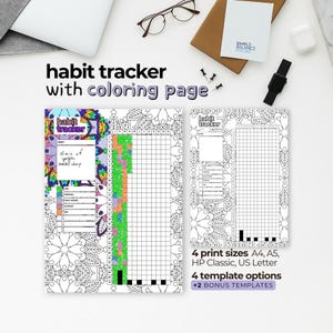 May include: A habit tracker with a coloring page, featuring a colorful mandala design. The text reads "habit tracker with coloring page." The tracker includes space for daily habits and a section for notes. The image also shows the text "15 min of yoga every day."