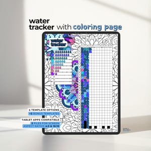 Op de afbeelding: Een digitale watertracker met een kleurpagina-ontwerp. De tracker heeft een raster voor dagelijkse tracking, met een decoratieve bloemenrand. Het ontwerp bevat de tekst "water tracker" en "coloring page". Het kleurenschema omvat blauw, paars en roze.