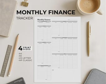Monthly Finance Tracker Printable, Planner Insert for Budget, Expense and Debt Tracker, 4 Sizes