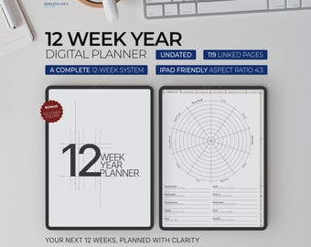 12 Week Year Digital Planner for iPad, Hyperlinked GoodNotes 90 Day Goal Setting Journal with Wheel of Life
