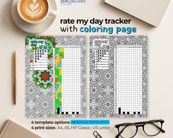 Printable Rate My Day Tracker | Bullet Journal with Coloring Pages and Blank Versions, Pre-Filled & Blank Index