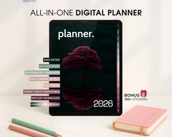 Digital Planner 2026 | All-in-One Dated Notebook for iPad, Android, and Windows tablets | 600+ Page Journal | FREE Sticker Kit