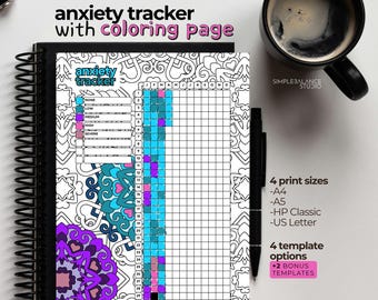 Registro de ansiedad / Plantilla imprimible para Bullet Journal en tamaños A4, A5, Carta estadounidense y HP Classic.