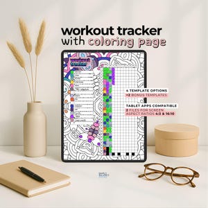 May include: A digital workout tracker with a coloring page design displayed on a tablet. The screen shows a colorful workout schedule with text. The image includes a notebook, pen, glasses, and a decorative vase with dried plants.