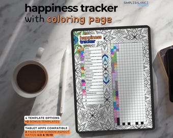 Digital Happiness Tracker for iPad and Tablets | Bullet Journal Page with Coloring & Blank Pages | Happy Planner, Daily Sheet, Mood Log