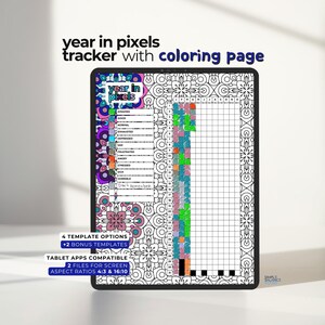Puede incluir: Un rastreador digital de "year in pixels" con una página para colorear. El rastreador incluye una tabla de estado de ánimo codificada por colores y una cuadrícula en blanco para el seguimiento. El texto en la imagen dice "year in pixels tracker with coloring page".