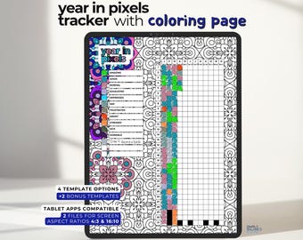Digital Year in Pixels Tracker | Templates with Coloring Pages and Blank Versions, Pre-Filled & Blank Index for iPad, Android Tablet PDF