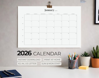 2026 Minimalist Calendar | Landscape Monthly Planner (Digital Download)