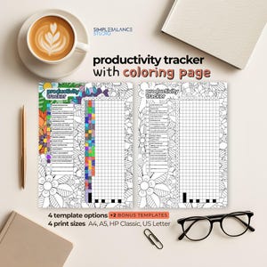 May include: A flat lay featuring a productivity tracker with a coloring page. The tracker has a floral border and a grid for tracking tasks. The text "productivity tracker with coloring page" is visible. Additional text indicates 4 template options and 4 print sizes.