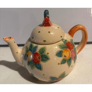 Vintage italiensk keramik mini tekanna handmålad frukt jordgubb finial Italien