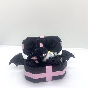 以下が含まれることがあります： ピンクのアクセントとコウモリのぬいぐるみが入った、黒い棺型の箱。 コウモリはピンクの耳をしており、小さな衣装を着ています。 棺には蝶番付きの蓋とコウモリの羽が付いています。