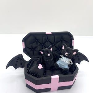 以下が含まれることがあります： ピンクのアクセントとコウモリの羽が付いた黒い棺型の箱で、2匹のぬいぐるみコウモリが入っています。コウモリの1匹はレーストリムの青いドレスを着ています。棺の内側は黒色のタフティングです。ピンクのハートが付いた小さな枕も入っています。