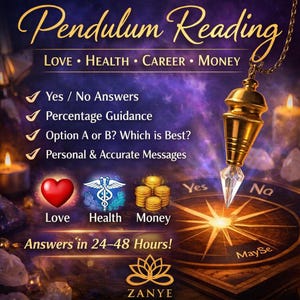 Könnte beinhalten: Ein Bild, das Pendel-Lesungen bewirbt, mit einem goldenen Pendel und Kristall. Text enthält "Pendulum Reading", "Liebe, Gesundheit, Karriere, Geld" und "Ja/Nein Antworten". Weitere Texte: "Antworten in 24-48 Stunden!" und das Zanye-Logo.