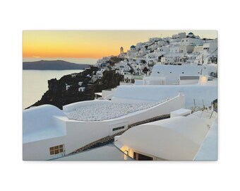 Toile coucher de soleil de Santorin | Décoration murale sur toile tendue mate