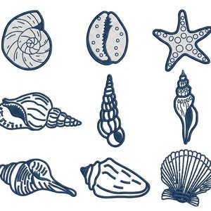 May include: A collection of nine embroidered patches featuring various sea life, including a starfish, a scallop shell, and several spiral seashells. Each patch is rendered in a dark navy blue thread outline with white fill detailing.