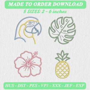 Tropical Parrots and Leaves Embroidery Bundle, Outline Icons (Digital Download)