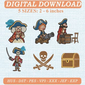 May include: Digital download embroidery designs featuring six pirate-themed graphics: an elderly pirate, a child on a cannon, a pirate at a barrel, a skeleton with a sword, a skull with crossed swords, and a treasure chest. Text reads: DIGITAL DOWNLOAD 5 SIZES: 2 - 6 inches HUS - DST - PES - VP3 - XXX - JEF - EXP.