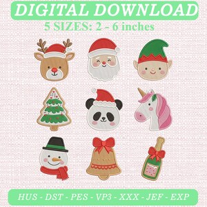 Puede incluir: Un conjunto de diseños de bordado para descarga digital con nueve iconos navideños: reno, Santa Claus, elfo, árbol, panda, unicornio, muñeco de nieve, campana y botella. Texto: DIGITAL DOWNLOAD 5 SIZES: 2 - 6 inches y HUS - DST - PES - VP3 - XXX - JEF - EXP.