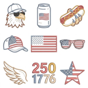 Zabawne ikony haftu orła mulleta, pakiet z okazji 250. rocznicy USA (do pobrania w wersji cyfrowej)