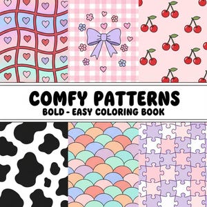 May include: A collection of colorful patterns, including hearts, cherries, a bow, and a cow print. The text "COMFY PATTERNS BOLD - EASY COLORING BOOK" is displayed in bold, black letters. The patterns are suitable for a coloring book.