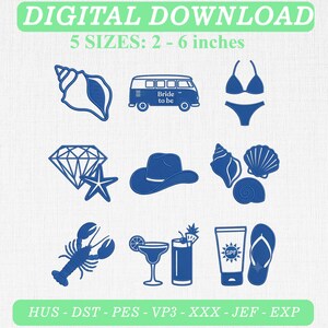 Könnte beinhalten: Ein digitales Stickmuster-Set mit neun blauen Symbolen: eine Muschel, ein Van mit der Aufschrift Bride to be, ein Bikini, ein Diamant, ein Seestern, ein Cowboyhut, eine Muschelsammlung, ein Hummer, ein Cocktail, ein Getränk, Sonnencreme und ein Flip-Flop.