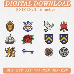 Heraldic Adventure Embroidery Design Set Lion Anchor Dove Ship Rose Shield Key Compass Patch