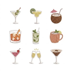 Op de afbeelding: Een borduurontwerp-set met negen verschillende cocktails: een martini met olijven, een margarita met limoen, een kokosnootdrankje met een parasolletje, een old fashioned, een mojito, een koperen mok, een cocktail met kers, twee champagneglazen en een espresso martini.