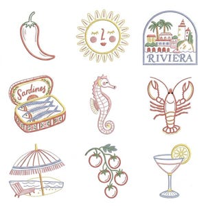May include: A collection of nine embroidered patches featuring a chili pepper, a sun with a face, a Riviera coastal scene, a tin of sardines, a seahorse, a lobster, a beach umbrella with a chair, a vine of tomatoes, and a cocktail with a lemon slice.