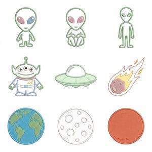 Paquete de iconos de bordado de ovnis alienígenas, mini escena espacial para bordado a máquina (descarga digital)