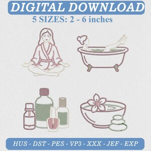 Puede incluir: Conjunto de diseños de bordado para descarga digital con cuatro iconos de temática spa: una persona meditando, una persona en una bañera con patas, frascos de cosméticos y un cuenco con una flor y piedras apiladas. 5 tamaños: 5,08-15,24 cm.