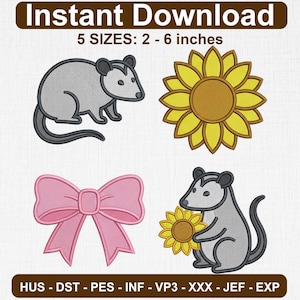 Opossum Sunflower Bow Embroidery Bundle, Machine Embroidery Set (Digital Download)