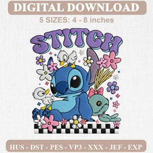 May include: A digital embroidery design featuring the blue character Stitch with two white ducks and a small doll. The text STITCH appears in purple above the characters, surrounded by pink and white flowers over a black and white checkered base.