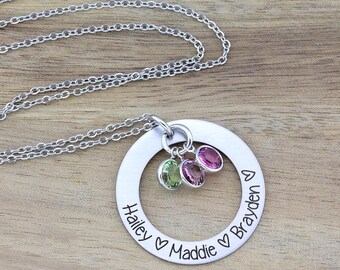Custom Necklace for Mom Personalized with Kids Names and Birthstones