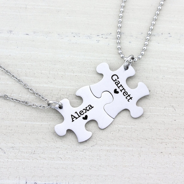 Personalized Puzzle Necklace - His and Her Puzzle Piece Necklace Set - Anniversary Gift - Wedding Gift - Puzzle Keychain Gift for Couples