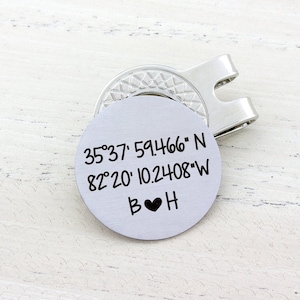 Golf Gifts, Golf Ball Markers, GPS Coordinates Gift, Latitude Longitude, Ball Marker Hat Clip, Anniversary Gift, Husband Gift