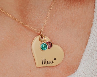 Engraved Heart Necklace with Family Birthstones, Custom Mom Necklace Personalized Gift