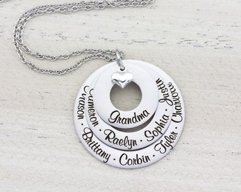 Personalized Family Name Necklace, Mom Necklace with Kids Names, Grandma Necklace, Washer Necklace, Mothers Day Gift, Grandma Gift