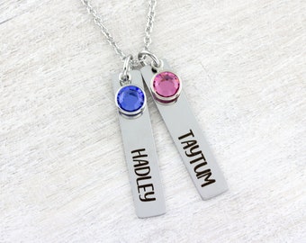 Mom Necklace, Mothers Day Personalized, Kids Name Necklace, Bar Necklace with Birthstone, Mothers Day Gift, Gift for Mom,
