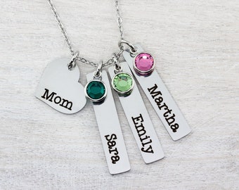 Mom Necklace with Kids Names, Personalized Name Bar Necklace, Engraved Necklace, Family Birthstone Necklace, Mothers Day Gift, Gift for Mom