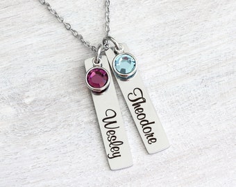 Mom Necklace, Custom Name Necklace, Engraved Necklace, Birthstone Necklace for Mom, Personalized Bar Necklace, Mothers Day Gift, Mom Gift