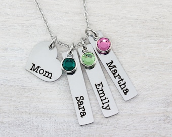Mom Necklace, Name Necklace, Engraved Necklace, Personalized Bar Necklace, Birthstone Charms, Mothers Day Gifts, Mom Gift,